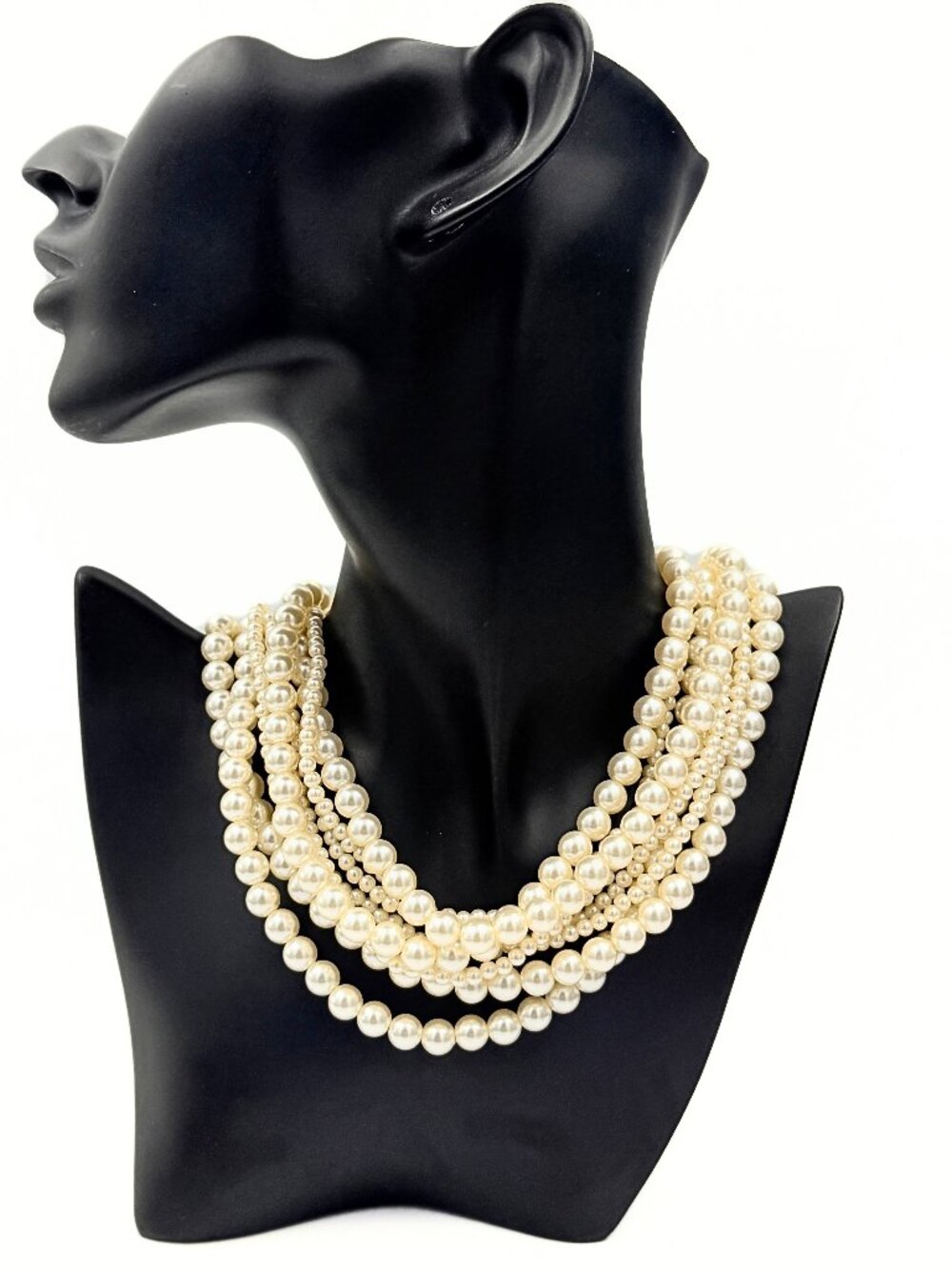 Elegant Multi Strand White Plastic Faux Pearl Torsade Cascading Beaded Necklace